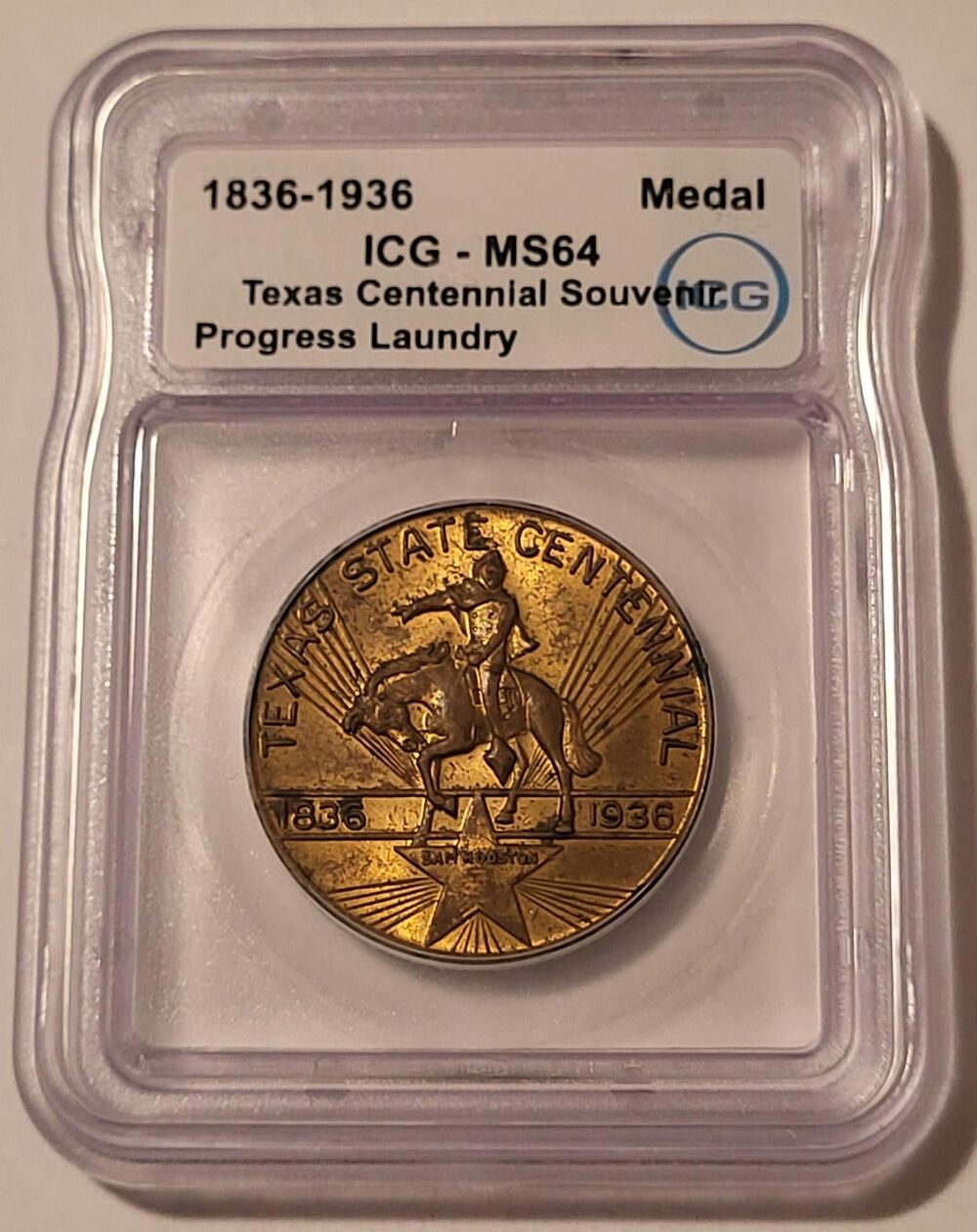 Texas Centennial Souvenir Medal 1936 Progress Laundry MS64 ICG